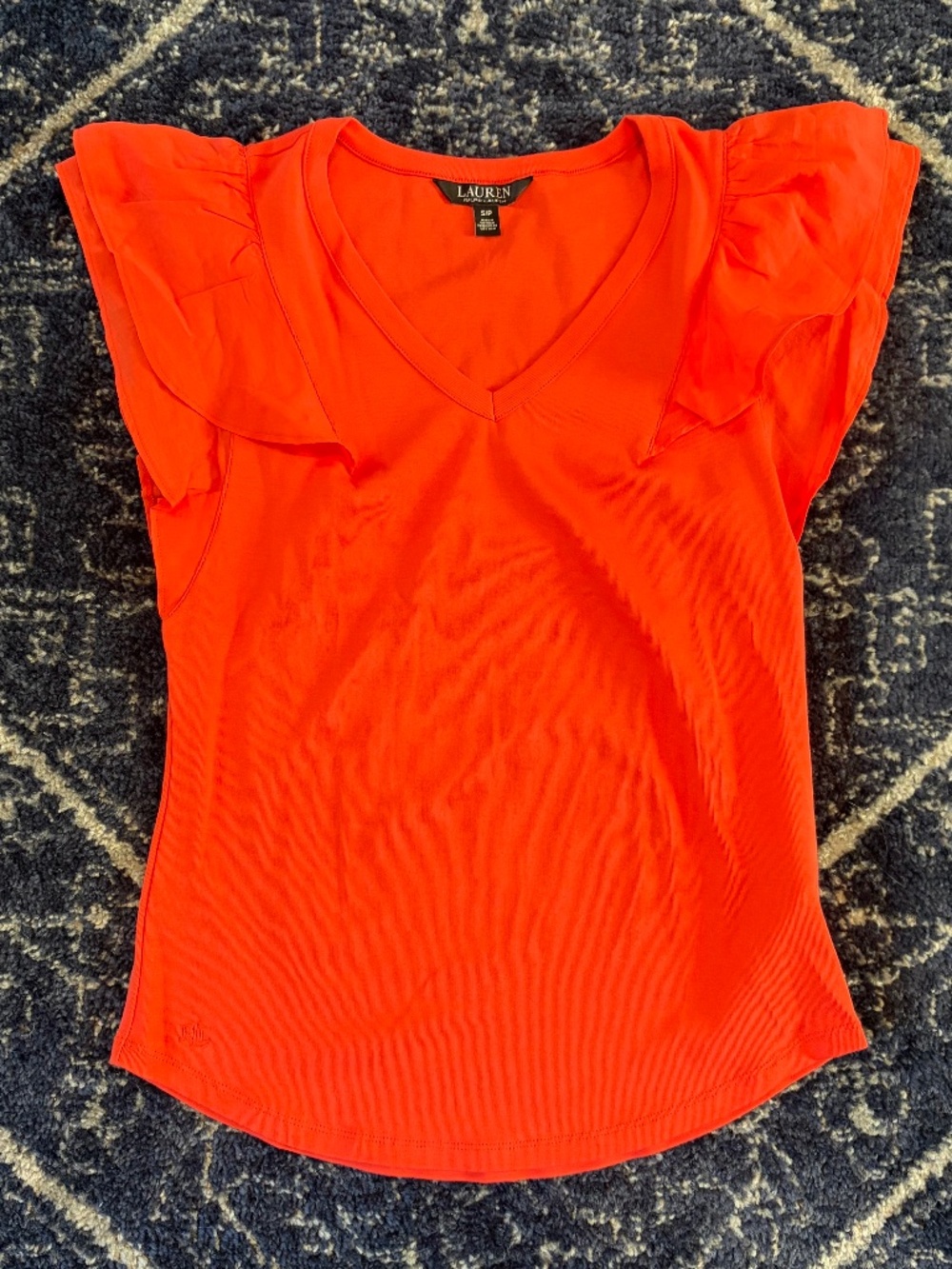 Lauren Ralph Lauren Ruffle Flutter Sleeve V-Neck Top Red Orange S Petite